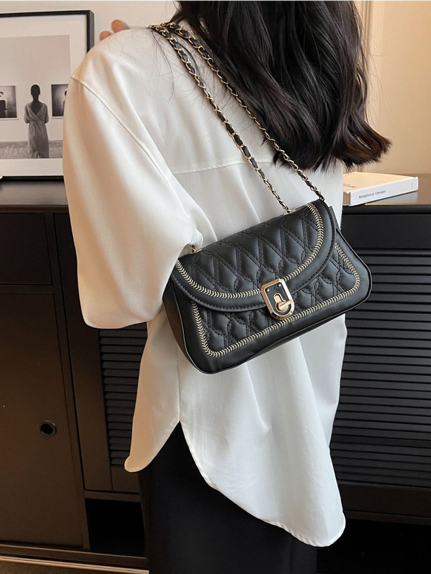 Small Flap Square Bag Quilted Pattern Embroidered Detail Turn Lock