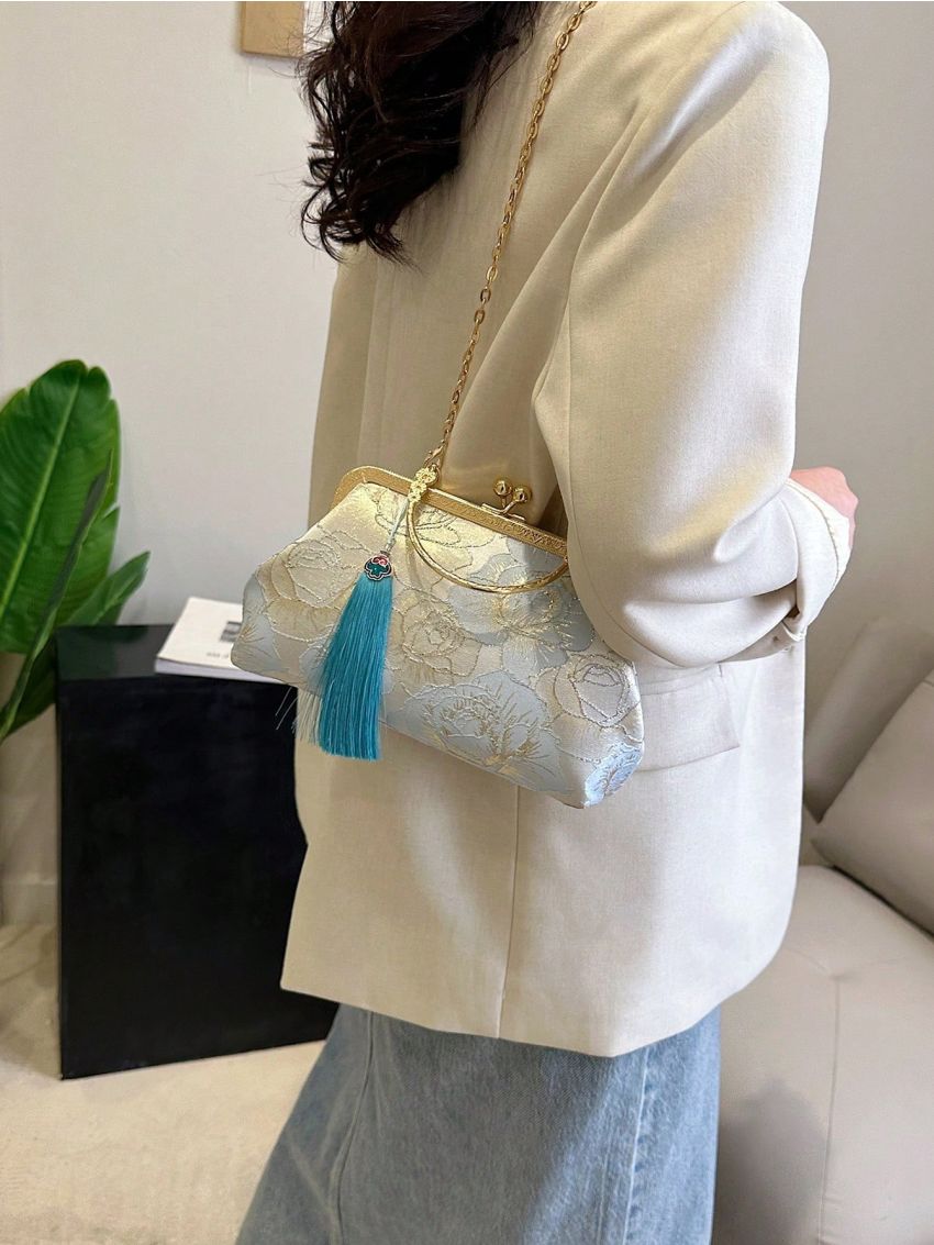 Small Satchel Bag Flower Pattern Tassel Decor Chain Strap