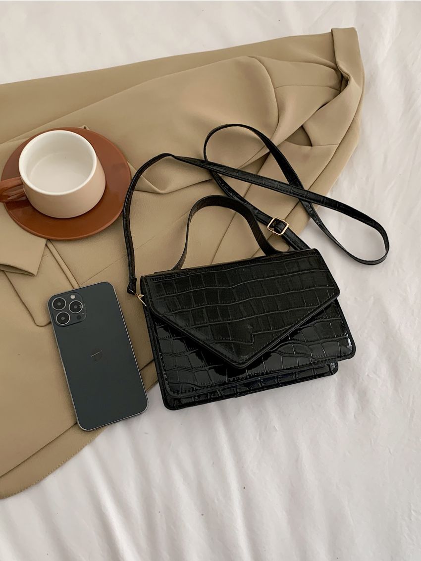 Crocodile Embossed Square Bag Irregular Flap PU