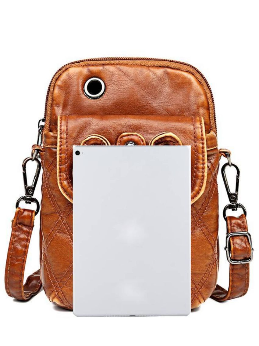 Quilted Pattern Phone Wallet Studded & Bow Decor With Earphone Hole