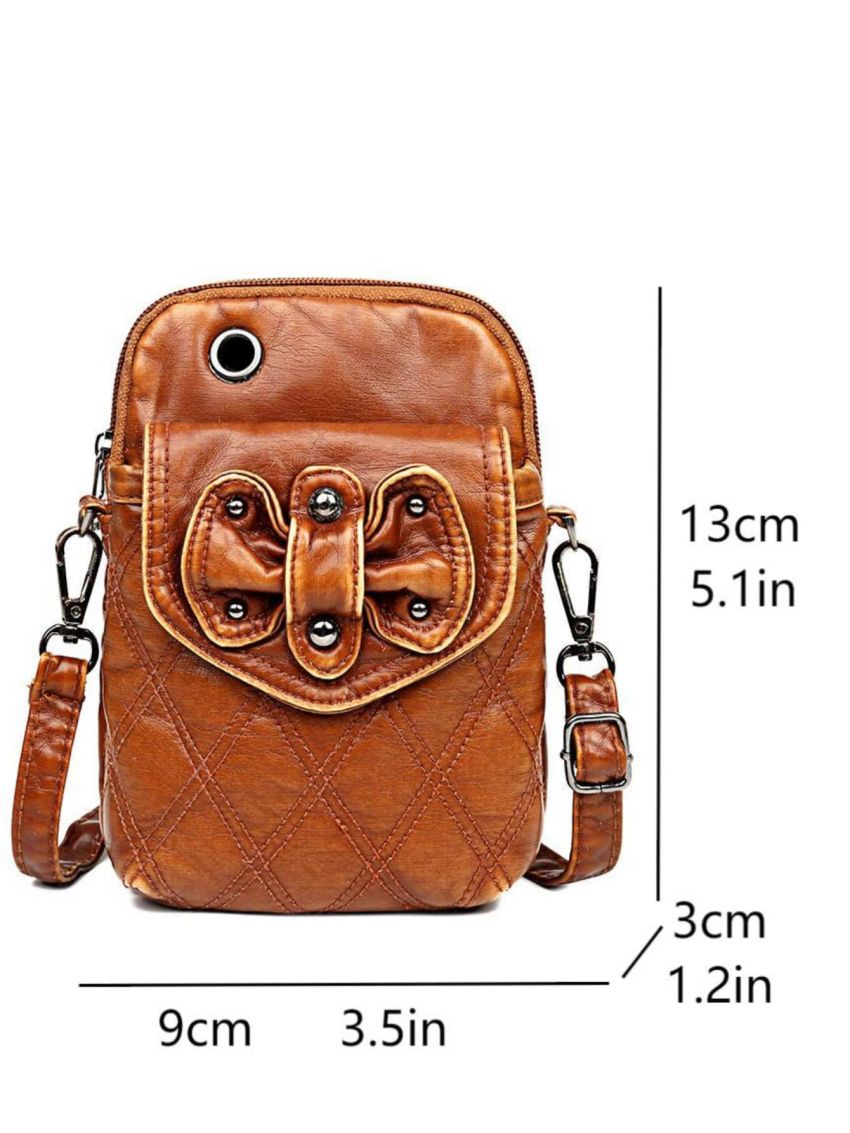 Quilted Pattern Phone Wallet Studded & Bow Decor With Earphone Hole