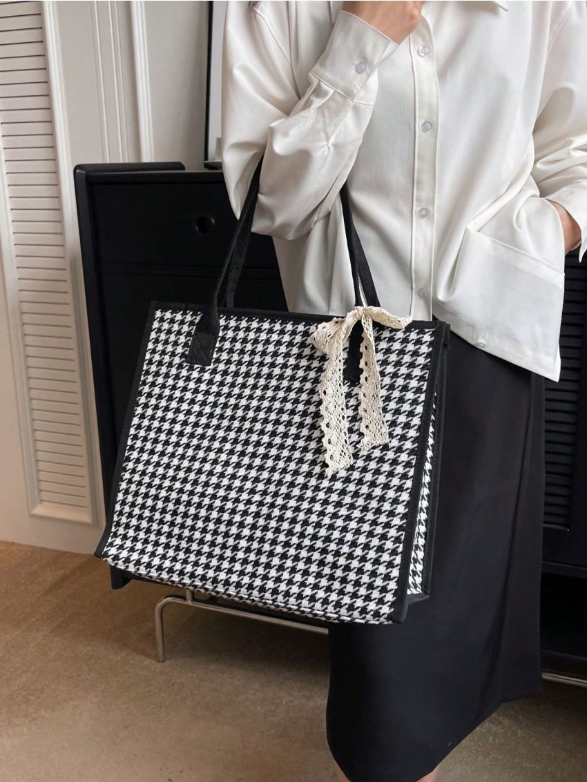 Twilly Scarf Decor Shoulder Tote Bag Medium Houndstooth Pattern