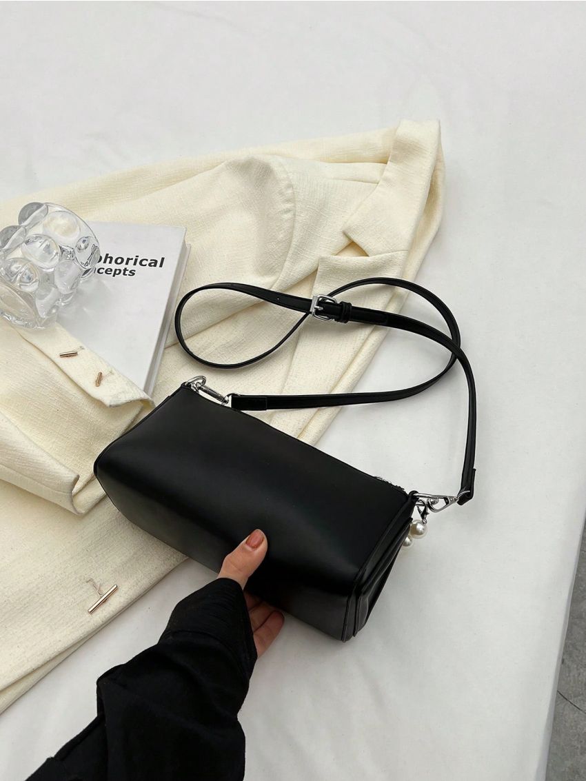 Fashionable Solid Color Women's Bag, Messenger Bag With Faux Pearl Decoration