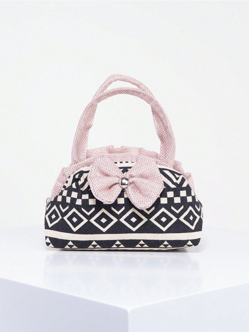 Mini Satchel Bag Geometric Print Bow Decor