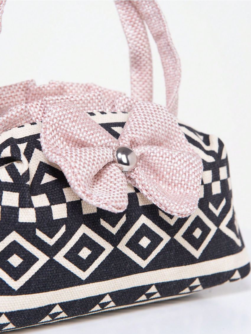 Mini Satchel Bag Geometric Print Bow Decor