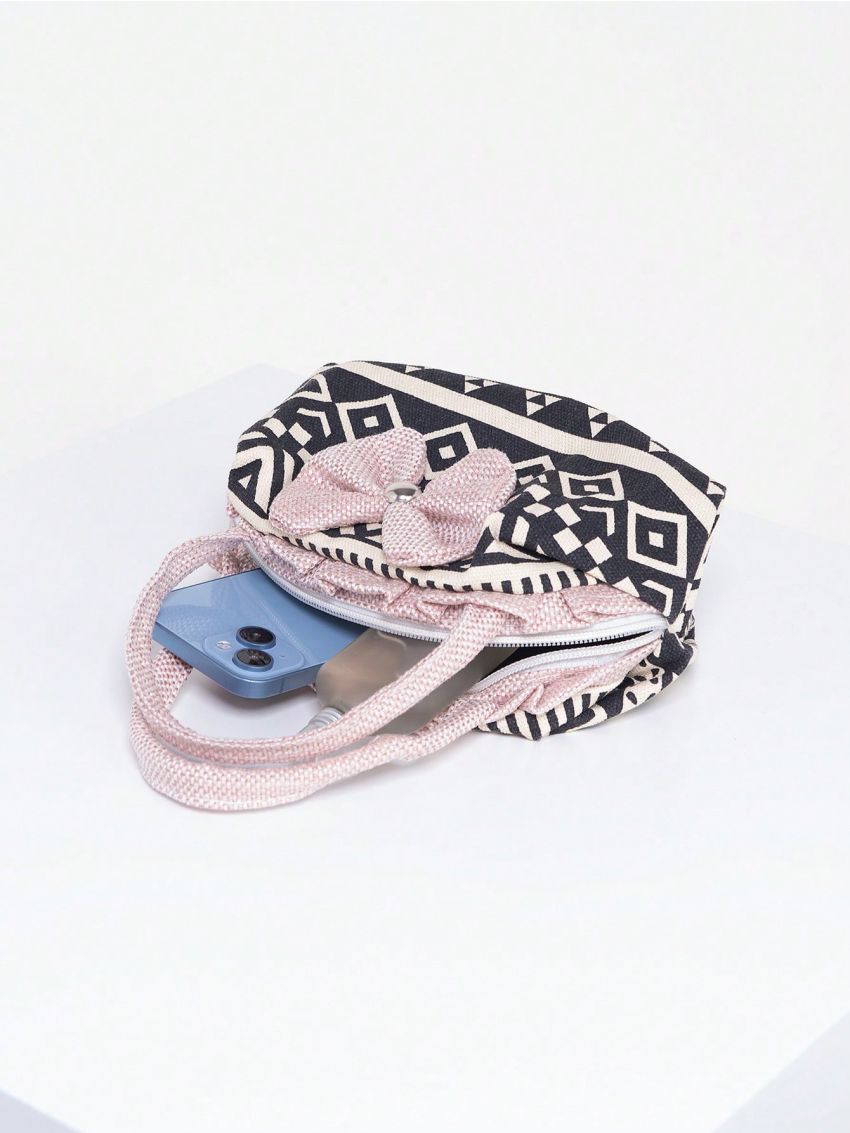 Mini Satchel Bag Geometric Print Bow Decor