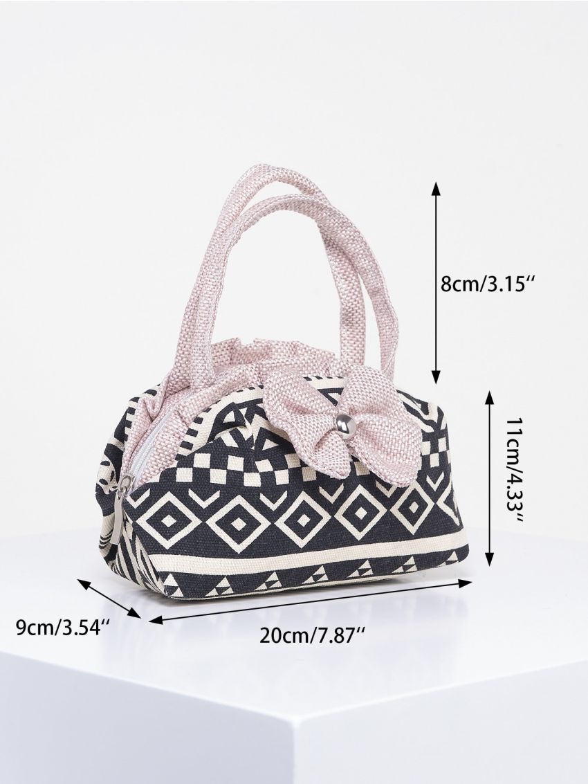 Mini Satchel Bag Geometric Print Bow Decor