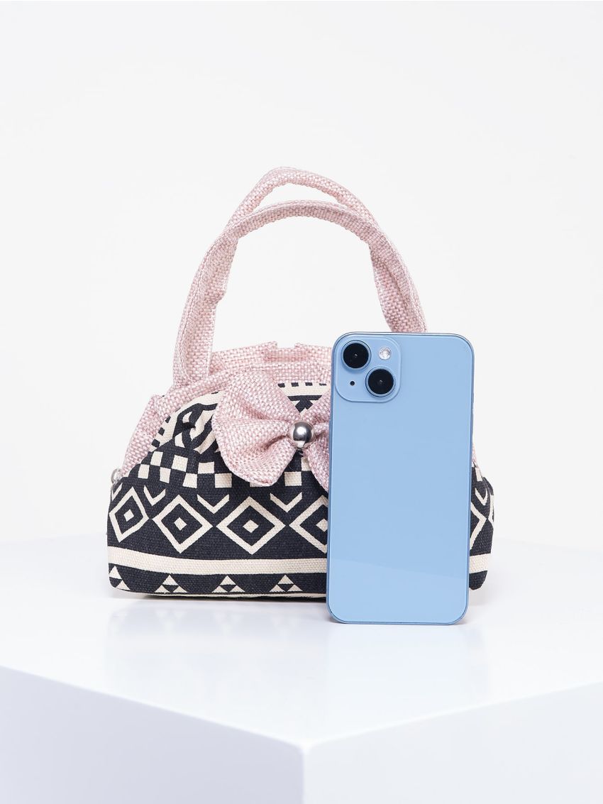 Mini Satchel Bag Geometric Print Bow Decor
