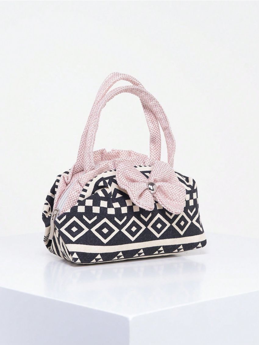 Mini Satchel Bag Geometric Print Bow Decor