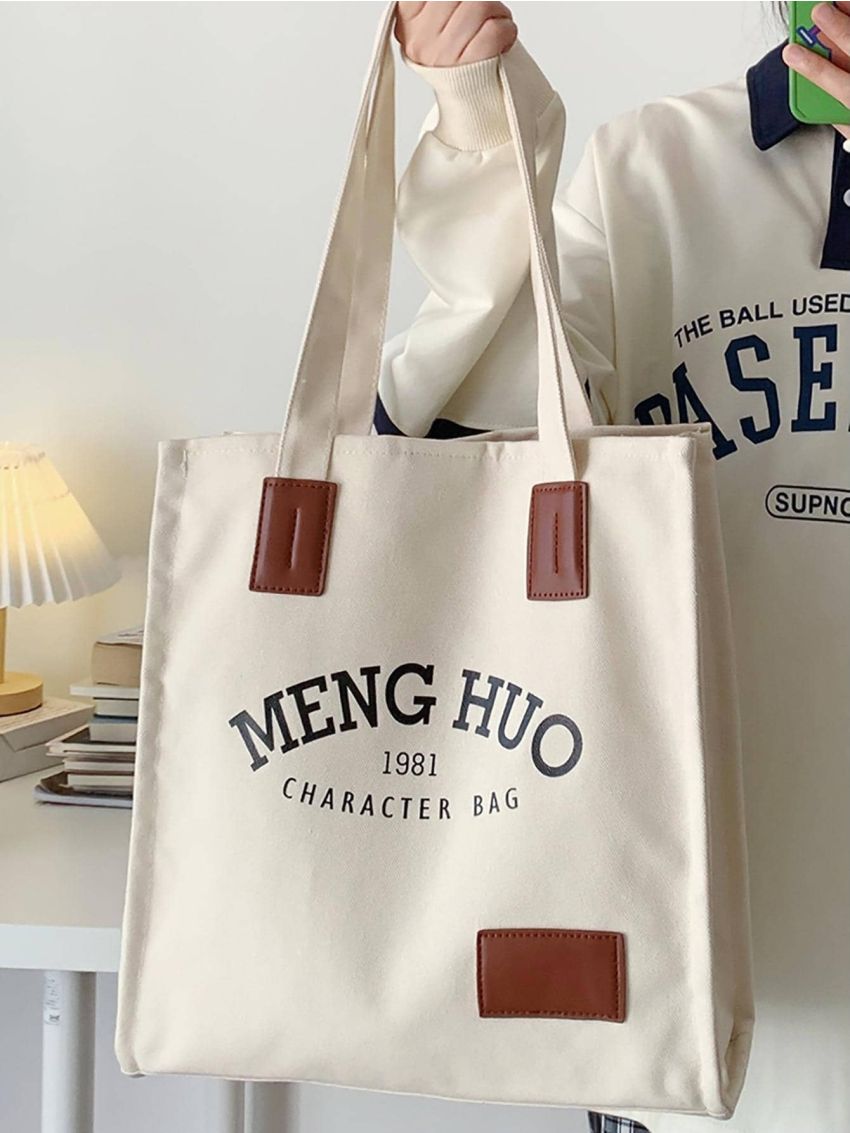 Small Tote Bag Patch Decor Letter Print