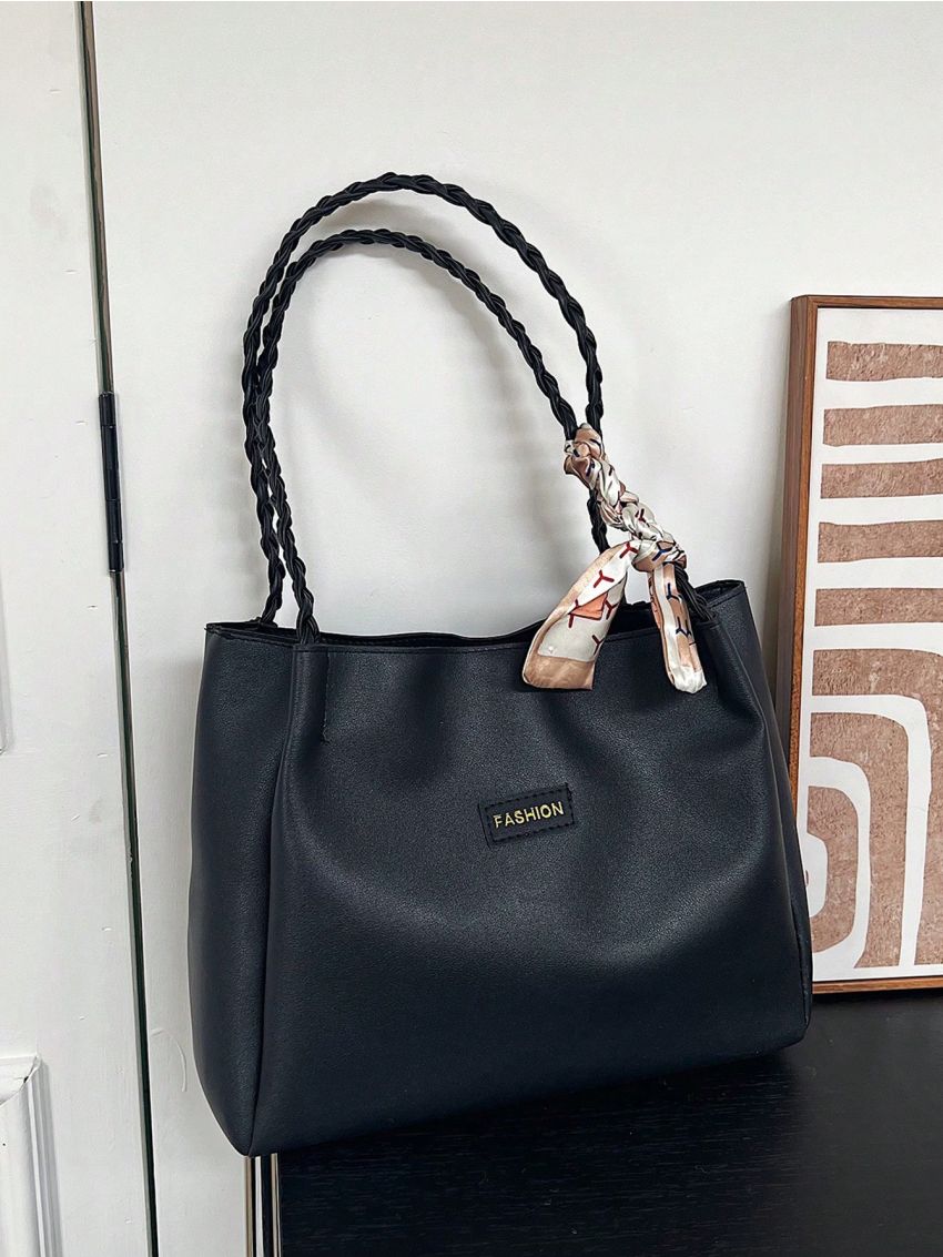 Medium Tote Bag Letter Patch Decor Twilly Scarf Decor