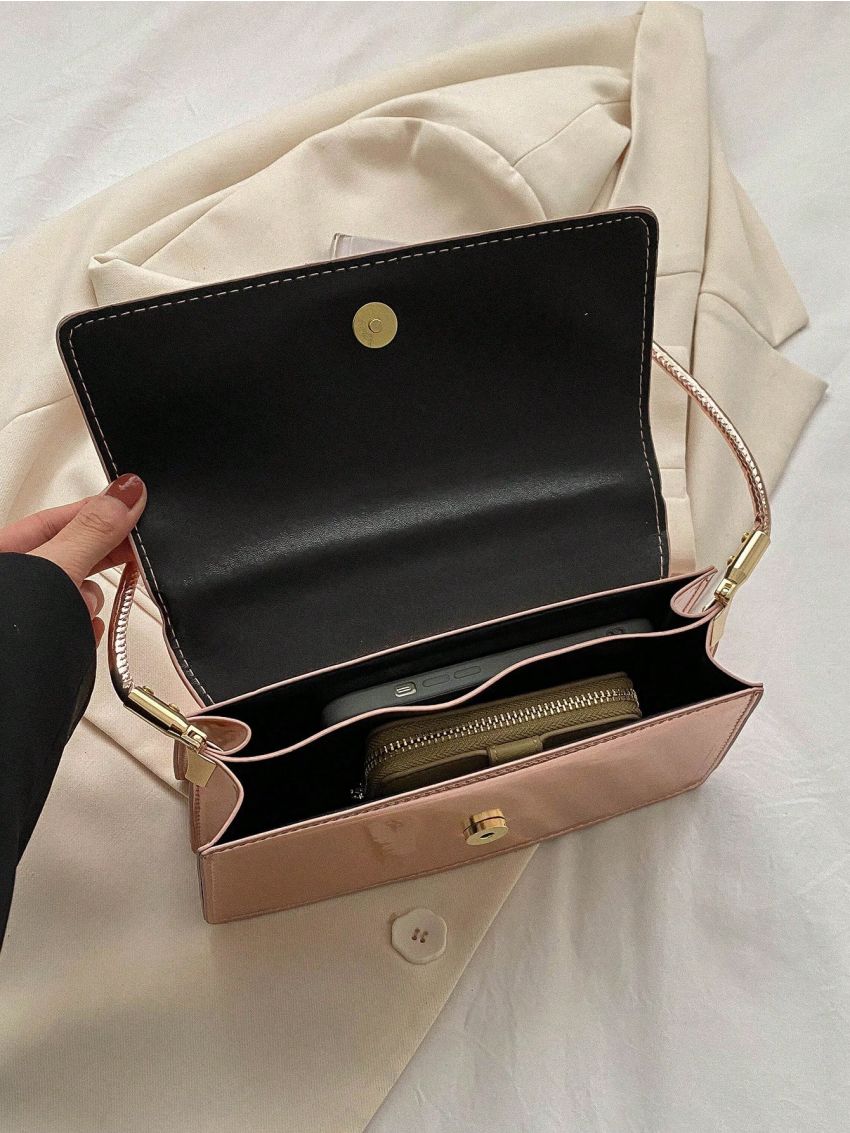 Small Square Bag Metallic Rose Gold Flap PU