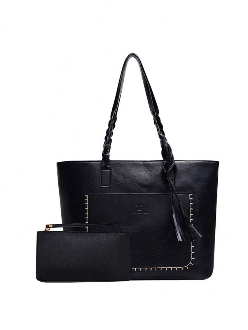 Letter Embossed Detail Shoulder Tote Bag With Purse, Best Work Bag For Women