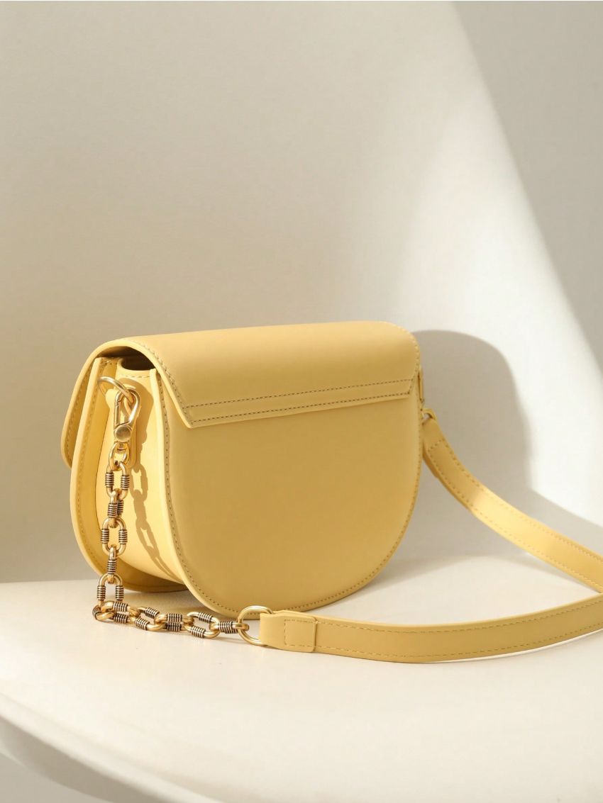 Small Saddle Bag Yellow Metal Decor Flap Chain Strap For Daily