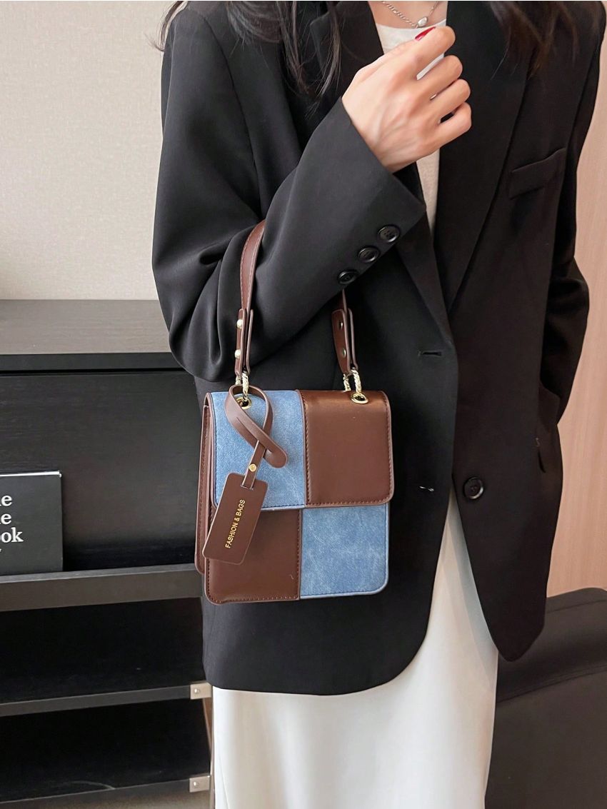 Mini Square Bag Colorblock Flap Top Handle For Daily