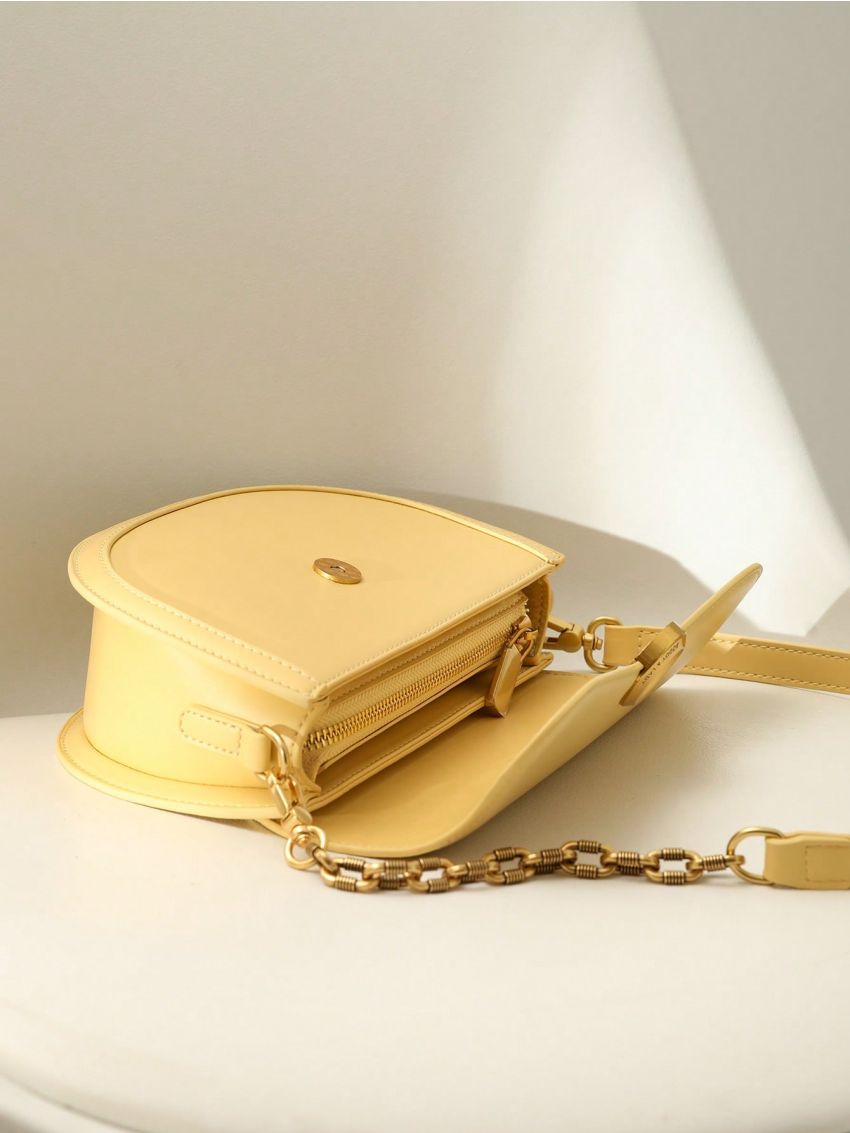 Small Saddle Bag Yellow Metal Decor Flap Chain Strap For Daily