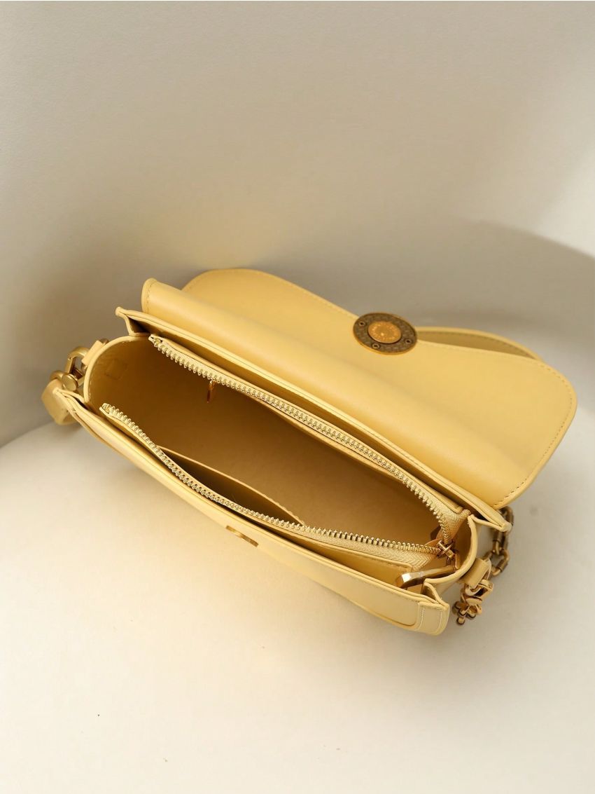Small Saddle Bag Yellow Metal Decor Flap Chain Strap For Daily