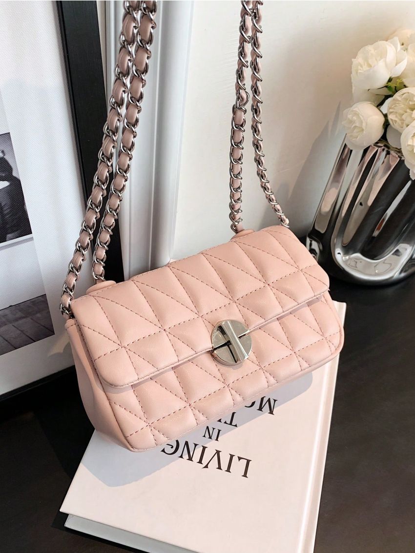 Mini Square Bag Quilted Baby Pink Chain Strap For Daily