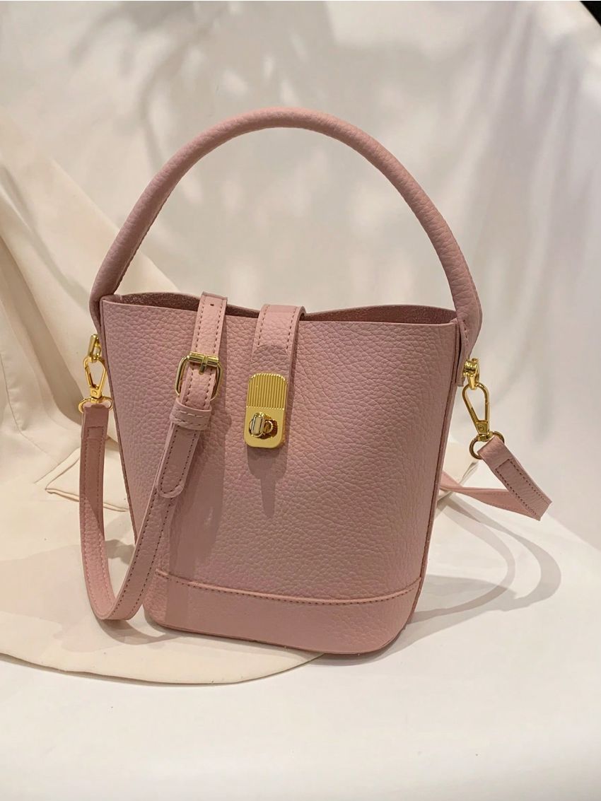 Litchi Embossed Bucket Bag Baby Pink Top Handle For Daily