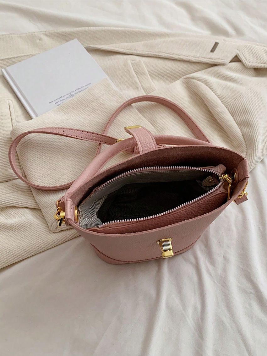 Litchi Embossed Bucket Bag Baby Pink Top Handle For Daily