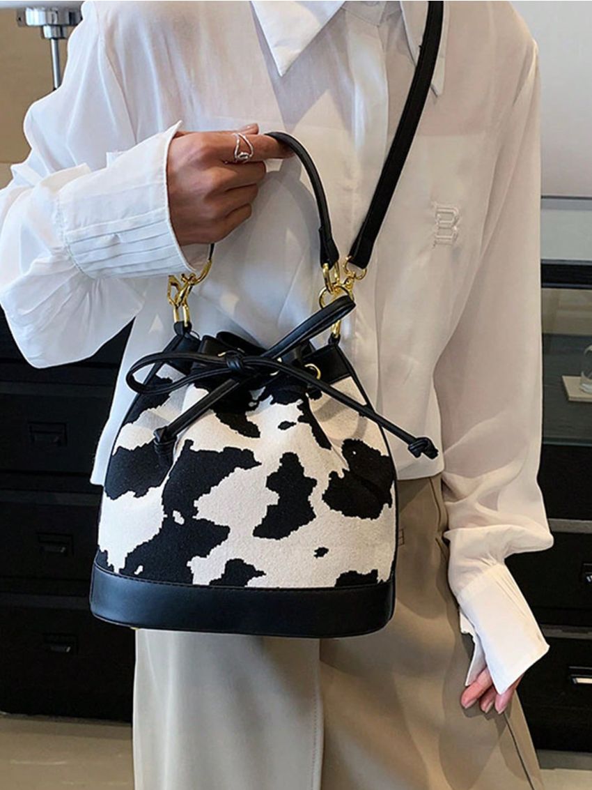 Small Bucket Bag Cow Print Drawstring Top Handle For Daily