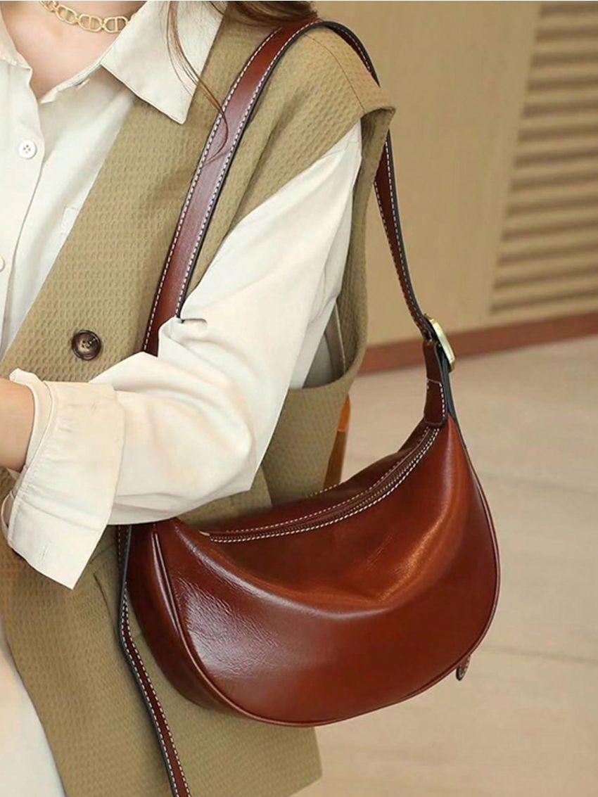 Medium Hobo Bag Burgundy Minimalist Genuine Leather For Work