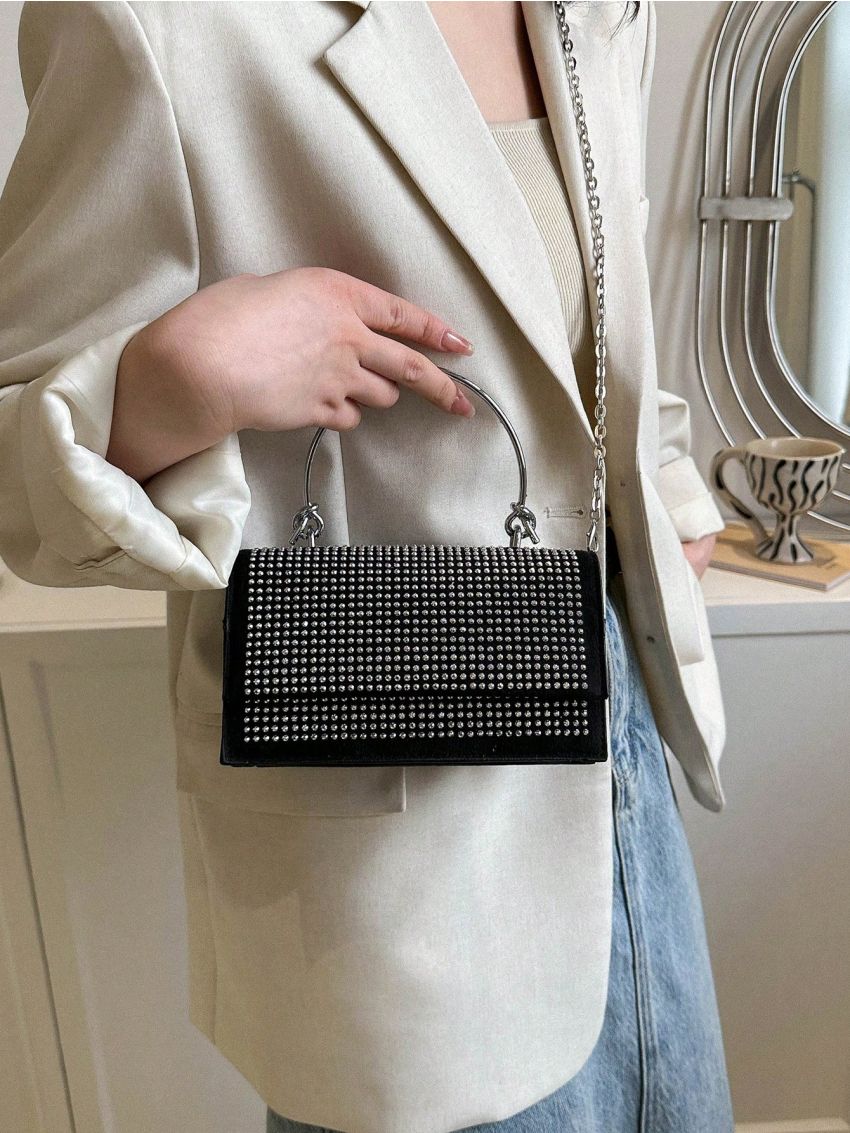 Mini Square Bag Black Studded Flap Top Handle