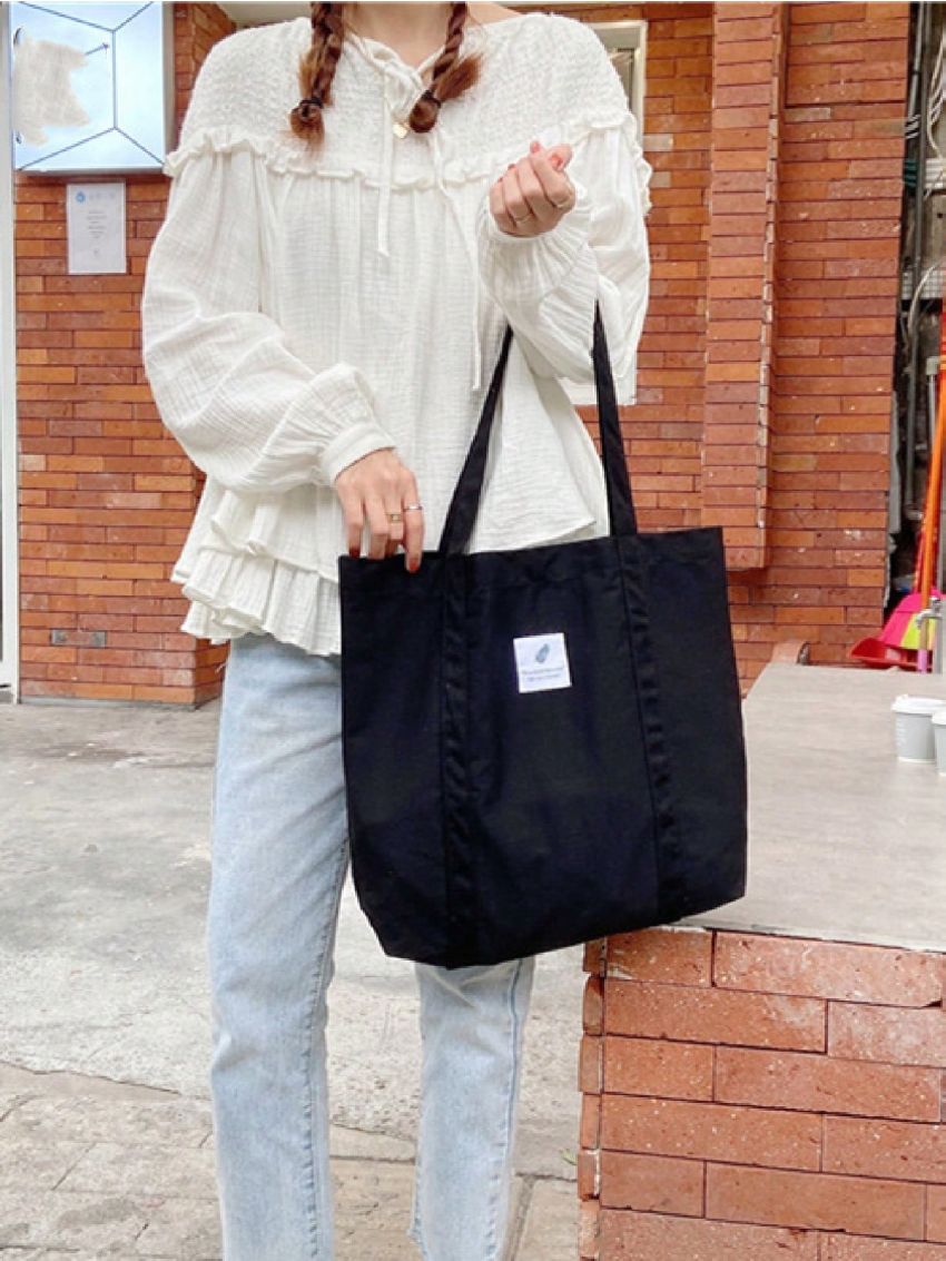 Letter Patch Shoulder Tote Bag Black Large Capacity For Daily