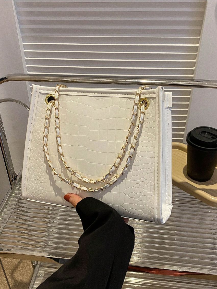 Crocodile Embossed Square Bag Beige Chain Strap For Daily