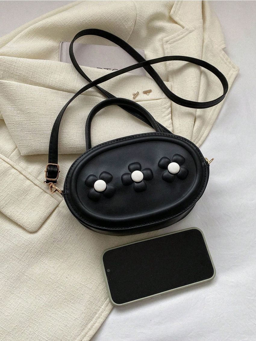 Mini Circle Bag Flower Decor Black