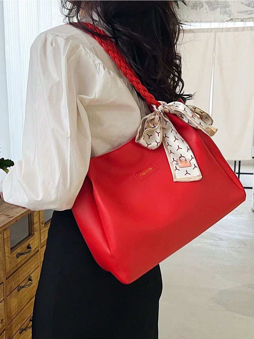 Letter Patch Shoulder Tote Bag Black Twilly Scarf Decor Double Handle For Work