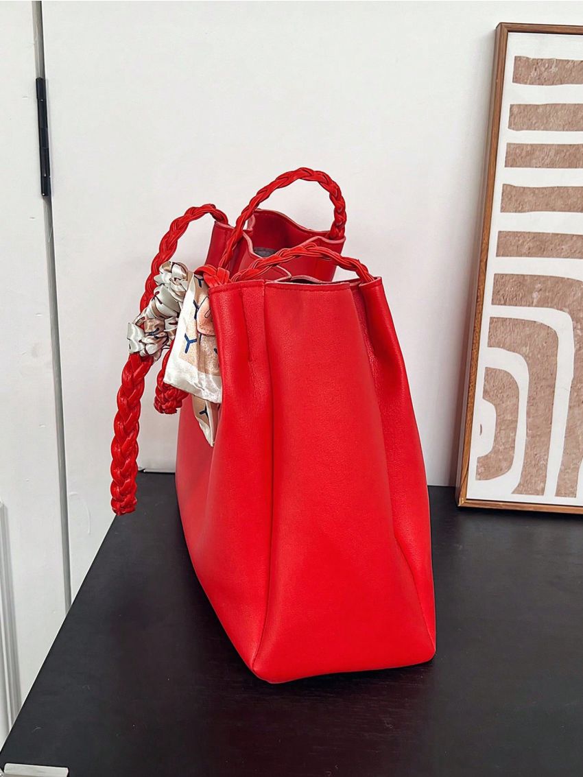 Letter Patch Shoulder Tote Bag Black Twilly Scarf Decor Double Handle For Work