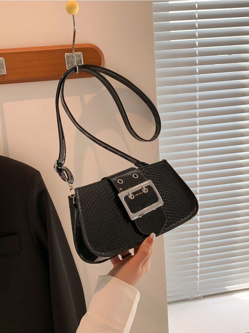 Snakeskin Print Square Bag Black Buckle Decor Adjustable Strap