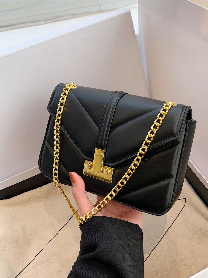 Small Square Bag Black Geometric Embossed Chain Flap PU