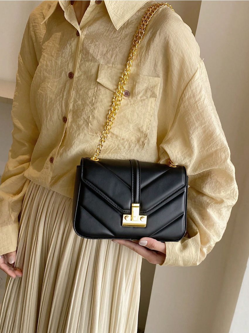 Small Square Bag Black Geometric Embossed Chain Flap PU