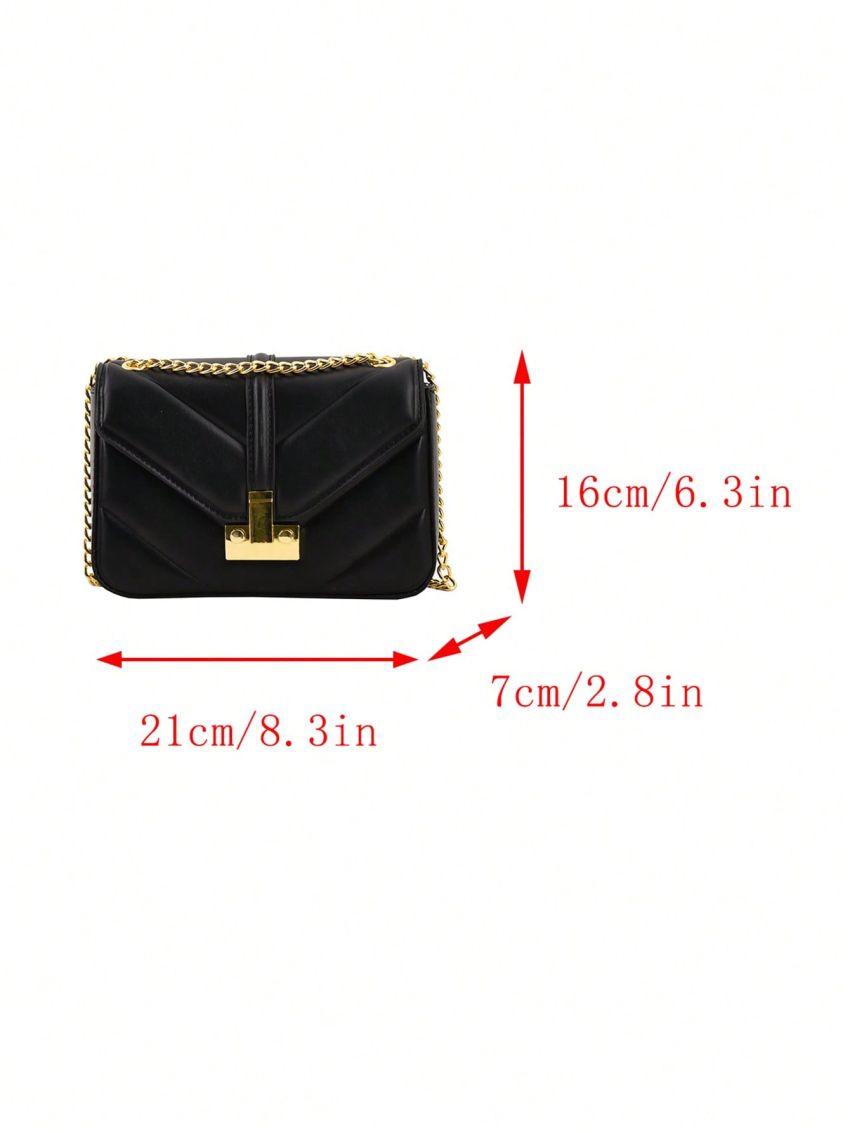Small Square Bag Black Geometric Embossed Chain Flap PU