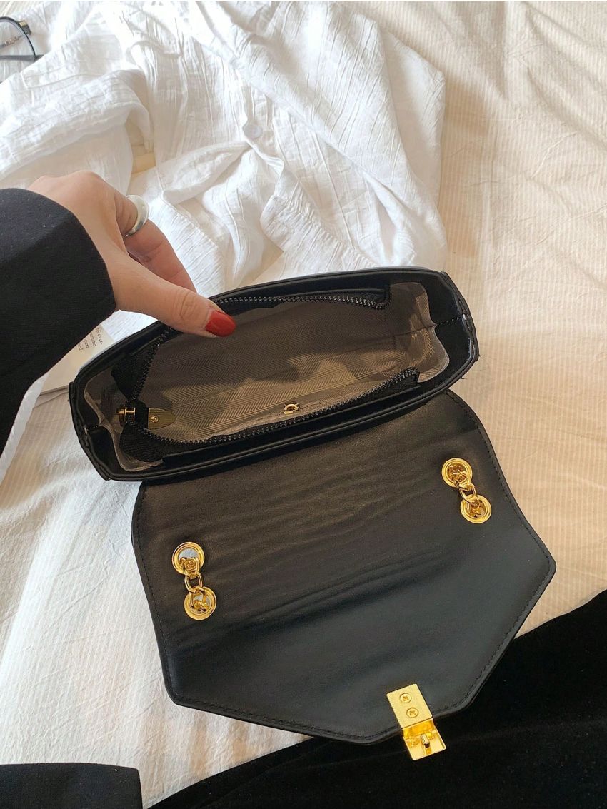 Small Square Bag Black Geometric Embossed Chain Flap PU