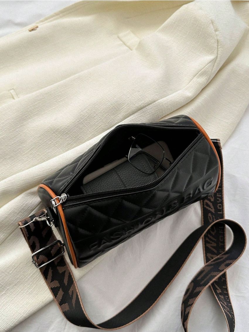 White Bucket Bag Letter & Quilted Detail With Zipper PU