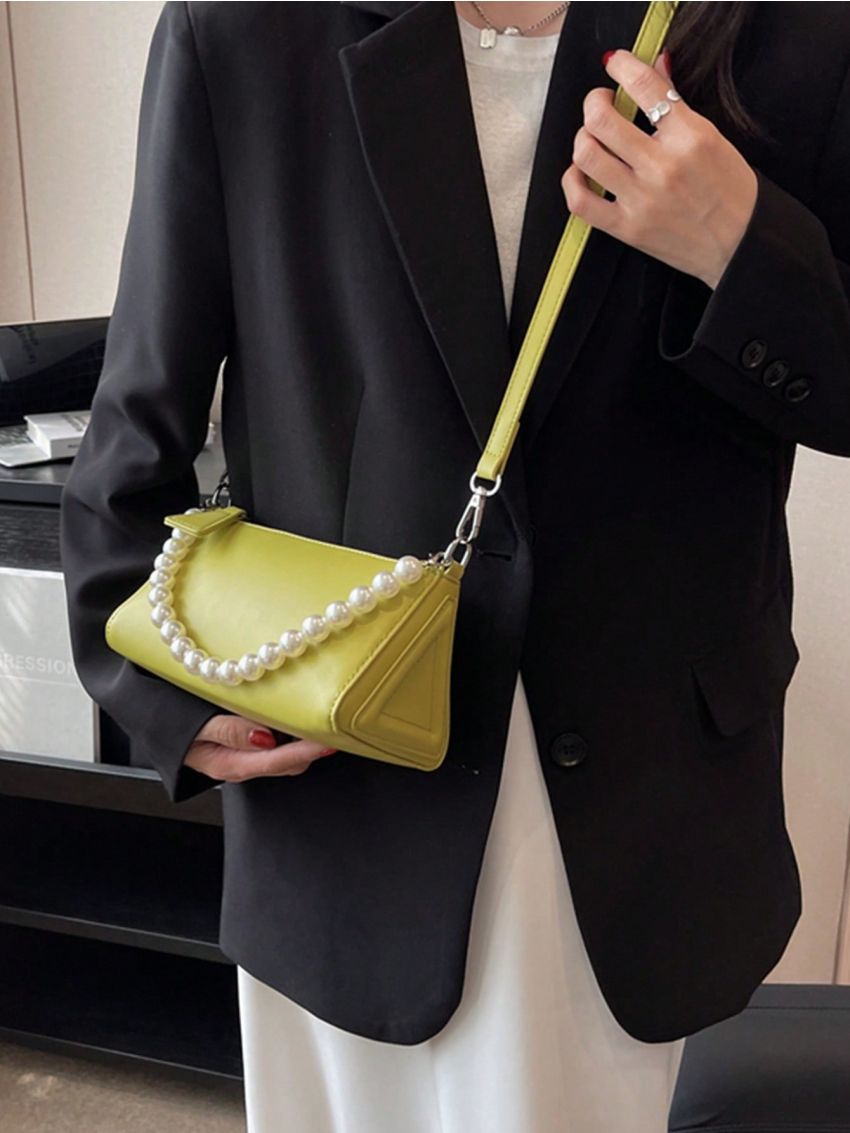 Small Crossbody Bag Funky Neon-green Faux Pearl Decor Zipper PU