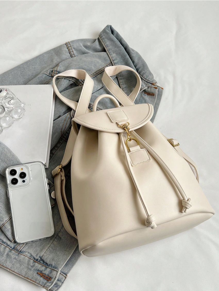 White Drawstring Backpack Fashionable Buckle Decor PU