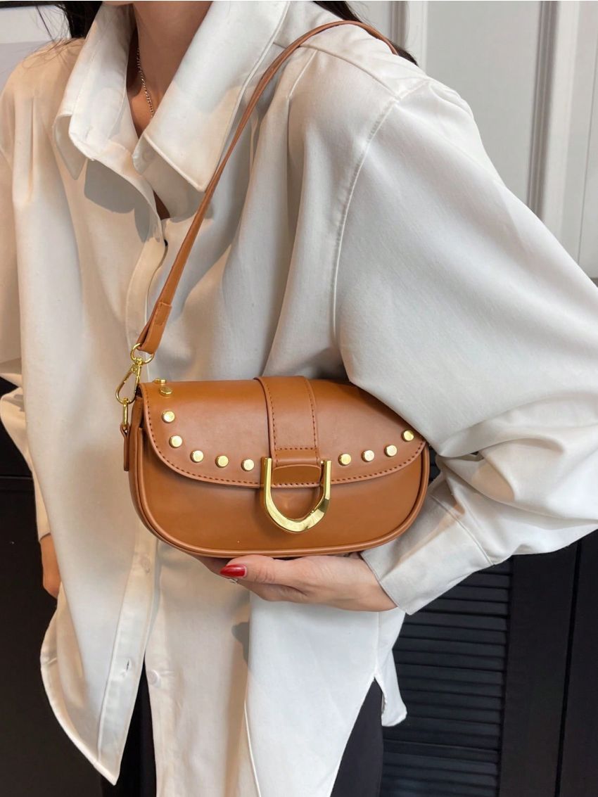 Small Saddle Bag Fashionable Studded Decor Flap PU