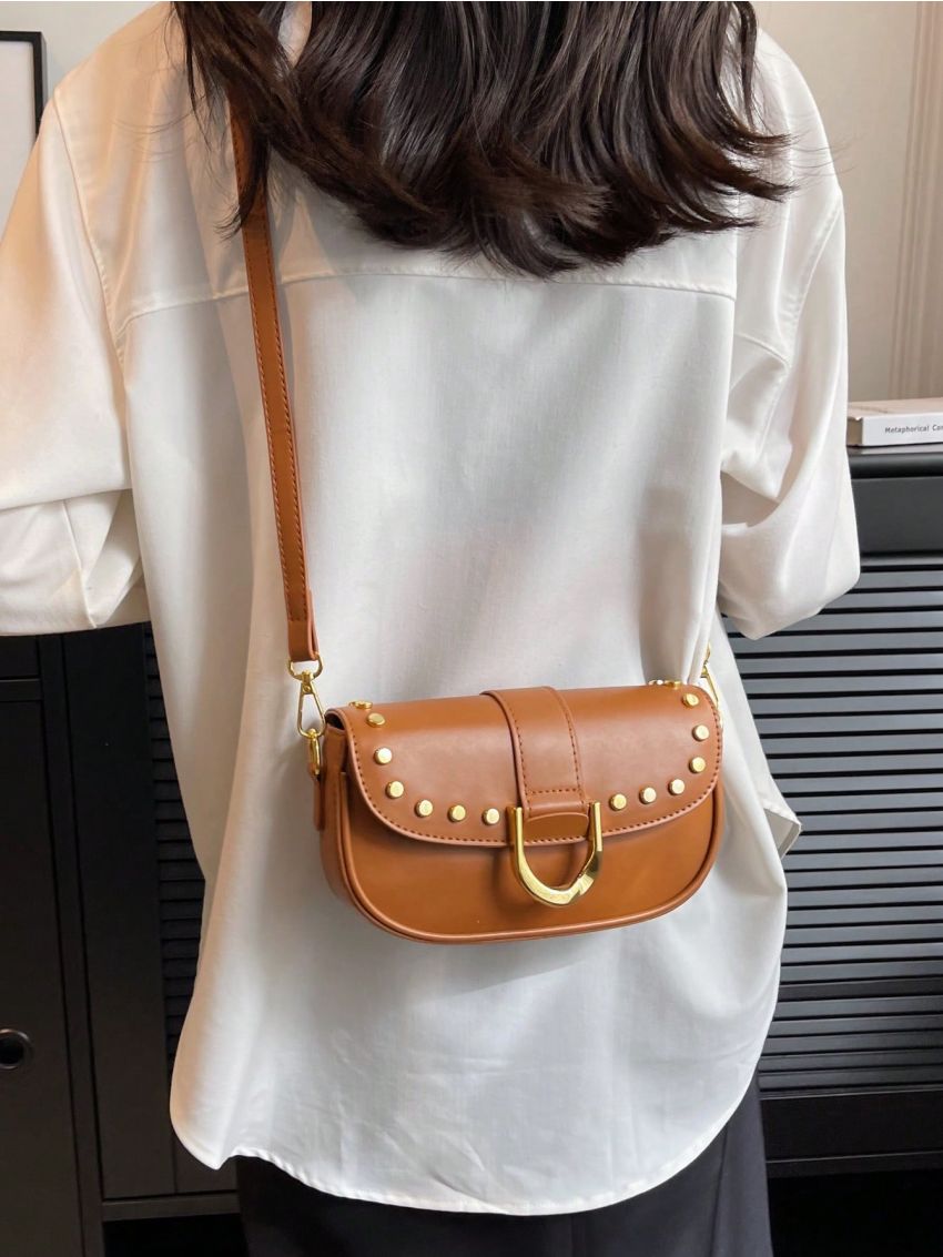 Small Saddle Bag Fashionable Studded Decor Flap PU