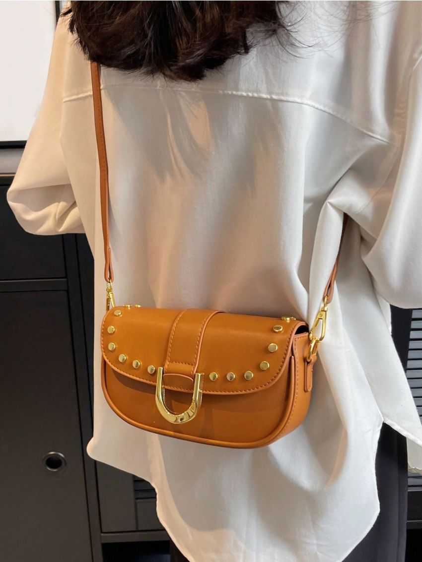 Small Saddle Bag Fashionable Studded Decor Flap PU