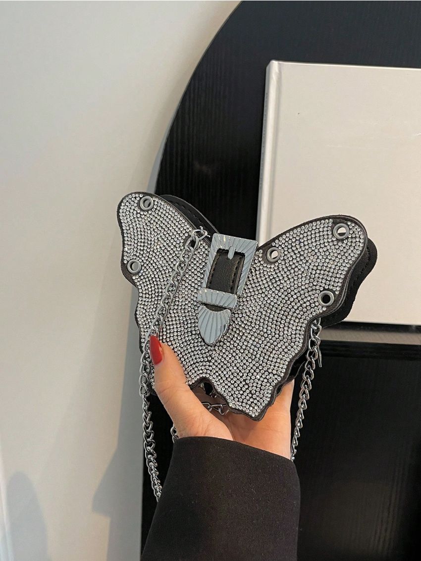 Mini Novelty Bag Glamorous Rhinestone Decor Butterfly Design Chain PU