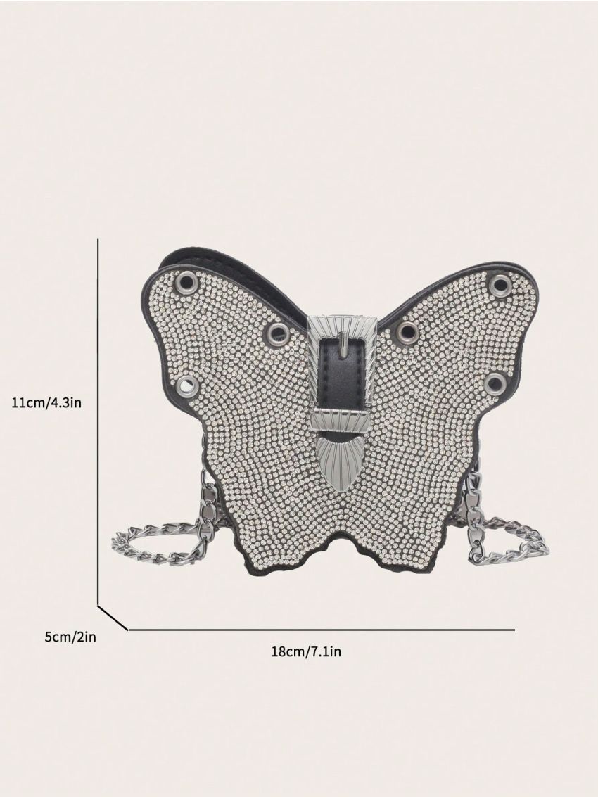 Mini Novelty Bag Glamorous Rhinestone Decor Butterfly Design Chain PU
