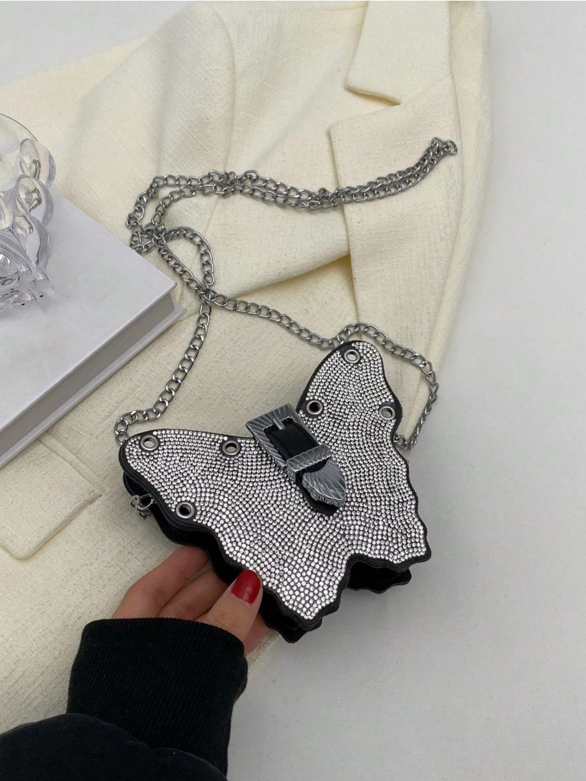 Mini Novelty Bag Glamorous Rhinestone Decor Butterfly Design Chain PU