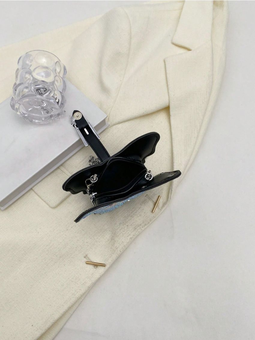 Mini Novelty Bag Glamorous Rhinestone Decor Butterfly Design Chain PU