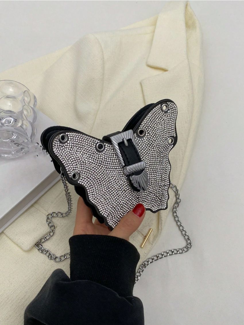 Mini Novelty Bag Glamorous Rhinestone Decor Butterfly Design Chain PU