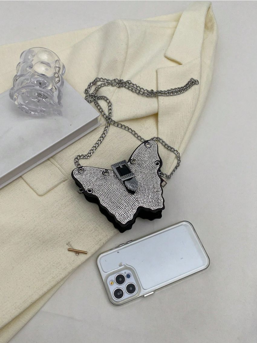 Mini Novelty Bag Glamorous Rhinestone Decor Butterfly Design Chain PU