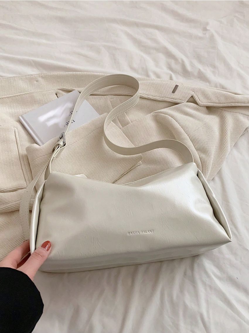 Black Hobo Bag Minimalist Letter Embossed Zipper PU